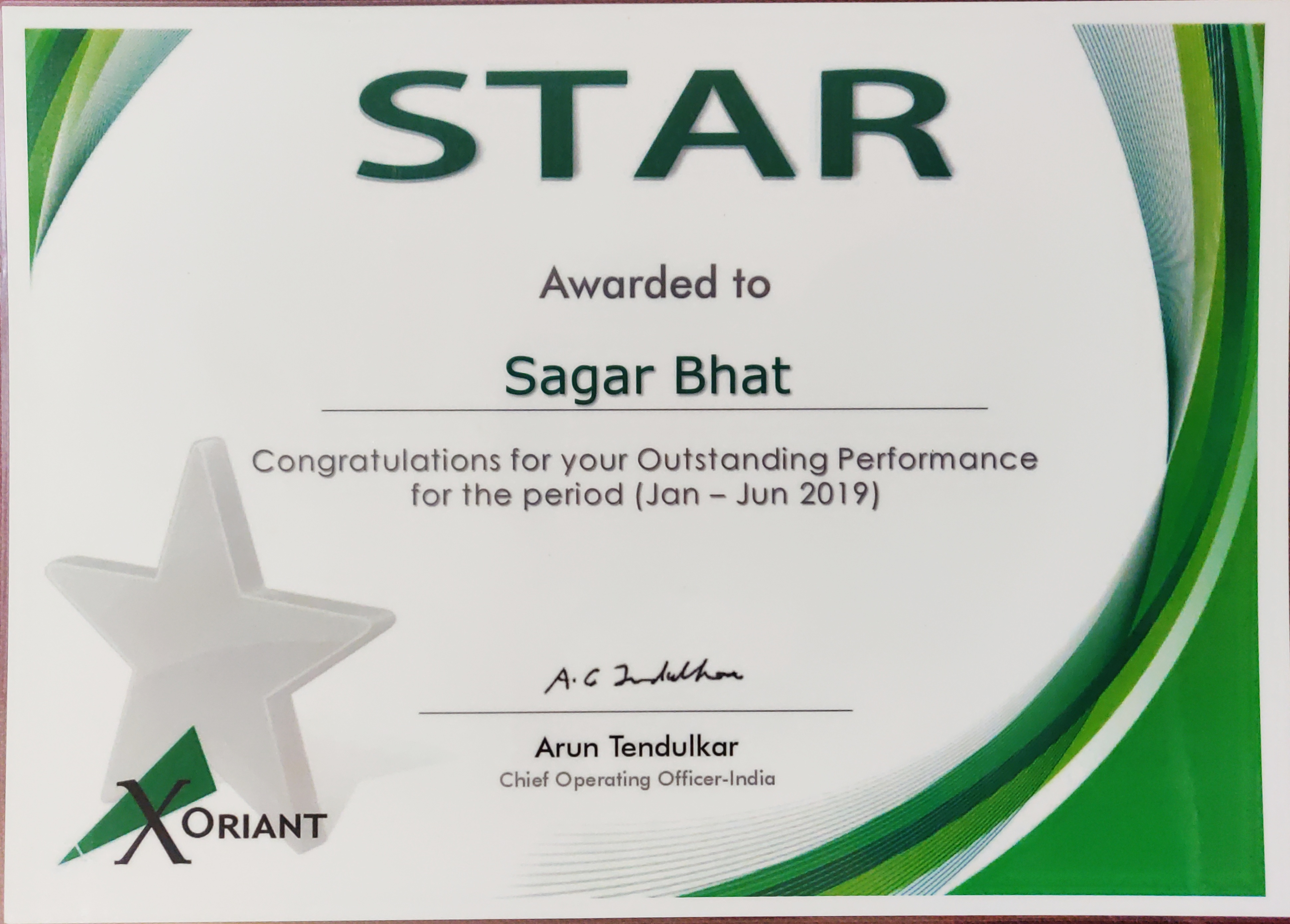 STAR Award Certificate